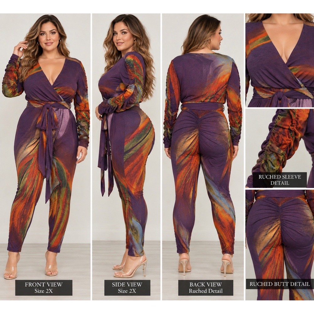 GIBIU USA Women's Plus Geometric V-Neck Surplice Long Jumpsuits 2XL Y2K #44